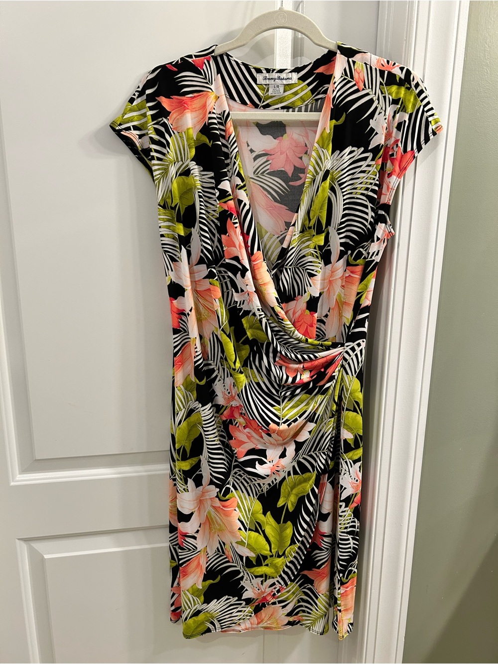 Tommy Bahama Tropical Floral Wrap-Style Dress - Black with Coral & Lime